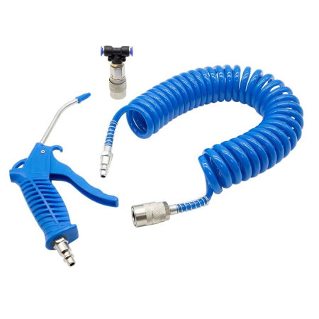 Casa si Gradina - Kit Pistol Pneumatic Suflat Aer Carguard, Furtun Spiralat 5m (PU), Cupla Rapida "T", Presiune 10 ATM, Ideal Cabina Camion / Atelier