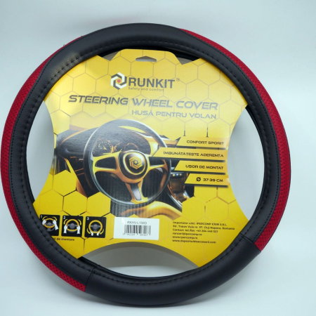 Accesorii Auto - Husa de volan piele sintetica RUNKIT Negru/Rosu (37-39 cm)