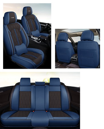 Huse auto premium 5 locuri Carguard Deluxe piele ecologica perforata - albastru inchis - negru [4]