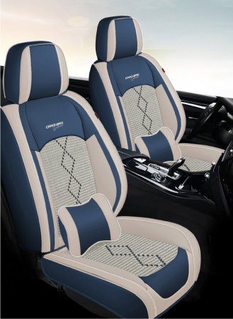 Huse auto premium 5 locuri Carguard Deluxe piele ecologica perforata si textil - albastru - alb [2]