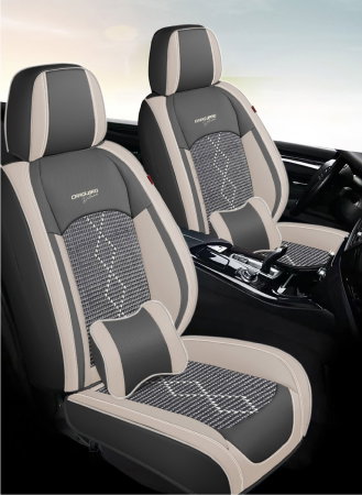 Huse auto premium 5 locuri Carguard Deluxe piele ecologica perforata si textil - gri deschis - gri inchis [1]