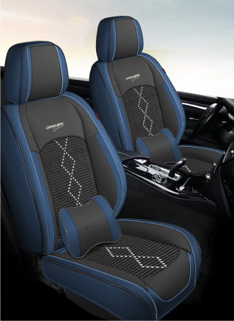 Huse auto premium 5 locuri Carguard Deluxe piele ecologica perforata si textil - negru - albastru inchis [1]