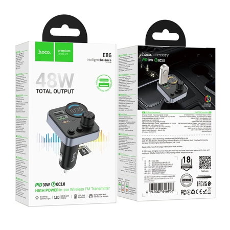 Branduri - Modulator FM Bluetooth si Incarcator Auto Hoco E86, 48W Total, USB-C Power Delivery, 2x USB, Fast Charge, Hands-free, Negru
