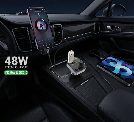Modulator FM Bluetooth si Incarcator Auto Hoco E86, 48W Total, USB-C Power Delivery, 2x USB, Fast Charge, Hands-free, Negru [1]