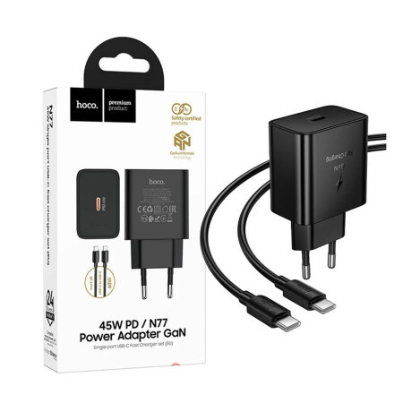 Branduri - Încărcător Rețea HOCO N77 GaN 45W (PD & QC 3.0) + Cablu USB-C (1m), Negru