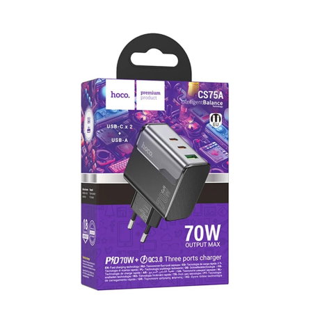 Branduri - Încărcător Rețea HOCO CS75A, 70W, 3 Porturi (2x USB-C PD, 1x USB-A QC 3.0), FastCharge StarSpeed, Negru