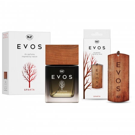 Parfum Auto - Pachet Complet Odorizant Auto K2 EVOS SPARTA: Pandantiv Lemn + Parfum Spray 50ml, Aromă Chypre (Grapefruit, Cedru, Mosc)