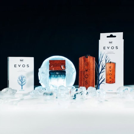 Pachet Complet Odorizant Auto K2 EVOS VIKING: Pandantiv Lemn + Parfum Spray 50ml, Aromă Acvatică (Lime, Flori de Apă, Mosc) [2]