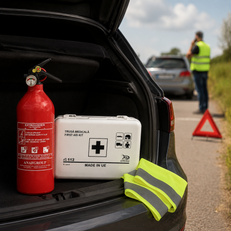 Pachet siguranta auto stingator 1 kg ABC si trusa medicala DIN 13164 + cadou vesta reflectorizanta [1]