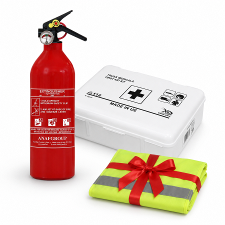 Branduri - Pachet siguranta auto stingator 1 kg ABC si trusa medicala DIN 13164 + cadou vesta reflectorizanta