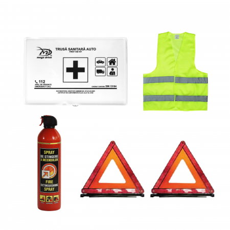 Branduri - Pachet Siguranta Rutiera Stingator, Trusa Medicala, 2 Triunghi reflectorizant si Vesta reflectorizanta