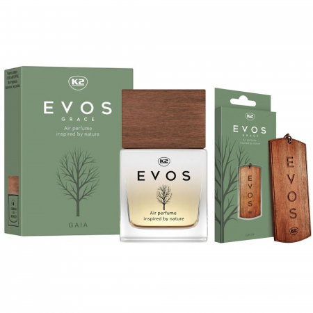 Parfum Auto - Pachet Complet Odorizant Auto K2 EVOS GRACE GAIA: Pandantiv Lemn + Parfum Spray 50ml, Aromă Floral-Chypre (Coacăze, Trandafir, Paciuli)