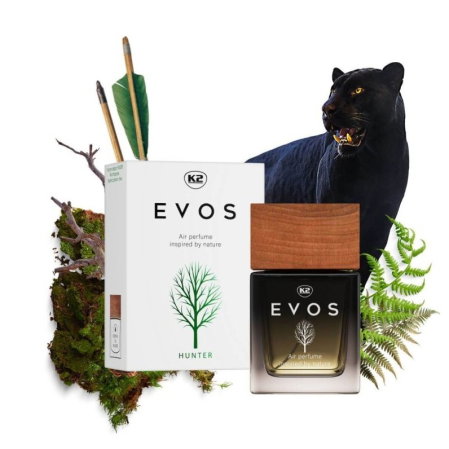 Parfum Auto Spray K2 EVOS HUNTER 50ml, Aromă Fougère (Bergamotă, Geranium, Mușchi), Sticlă cu Dop de Lemn [1]