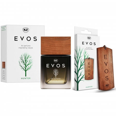 Parfum Auto - Pachet Complet Odorizant Auto K2 EVOS HUNTER: Pandantiv Lemn + Parfum Spray 50ml, Aromă Fougère (Bergamotă, Geranium, Mușchi)