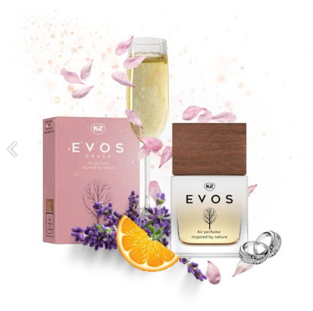 Parfum Auto Spray K2 EVOS GRACE MADAM 50ml, Aromă Florală (Portocală, Lavandă, Ambră), Sticlă cu Dop de Lemn [1]