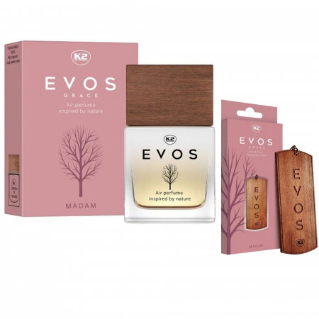 Parfum Auto - Pachet Complet Odorizant Auto K2 EVOS GRACE MADAM: Pandantiv Lemn + Parfum Spray 50ml, Aromă Florală (Portocală, Lavandă, Ambră)