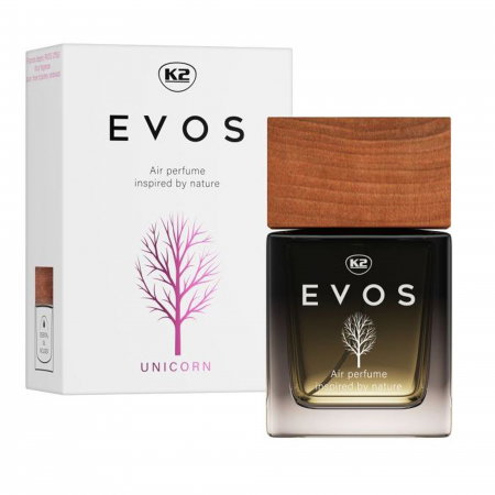 Branduri - Parfum Auto Spray K2 EVOS UNICORN 50ml, Aromă Fructată (Piersică, Plumeria, Santal), Sticlă cu Dop de Lemn