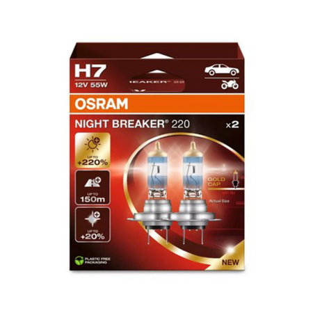 Electrica si Electronice Auto - Set 2 Becuri Halogen H7 Osram Night Breaker 220, +220% Mai Multa Lumina, Fascicul 150m, 12V, 55W, PX26d, Next Generation