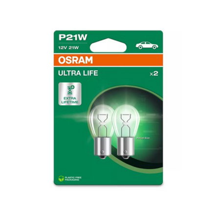 Auxiliare Halogen - Set 2 Becuri Auto P21W 12V Osram Ultra Life, Soclu BA15s, Durata de Viata Extinsa (4x), Semnalizare / Frana / Marsarier