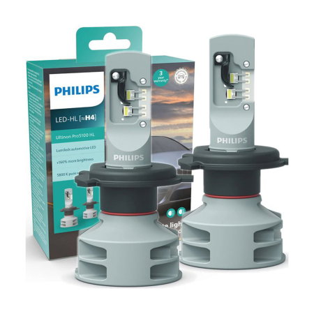 LED - Set 2 LED-uri H4 PHILIPS Ultinon Pro5100 HL - +160% Lumină, 5800K, 12V/24V (Fază Scurtă/Lungă)