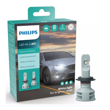 LED - Set 2 LED-uri H7 PHILIPS Ultinon Pro5100 HL - +160% Lumină, 5800K, 12V/24V