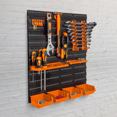 Panou Organizator Scule de Perete, Set 2 Placi Modulare (475x272mm), 14 Suporturi + 4 Cutii Depozitare, Plastic Rezistent, Atelier si Garaj [1]