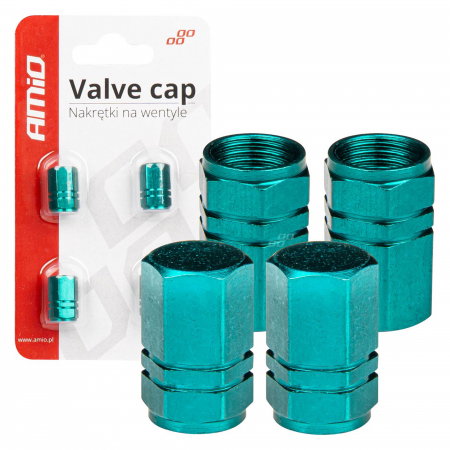 Accesorii Auto Tuning - Set 4 capace Amio din aluminiu pentru ventil model hexagon verde