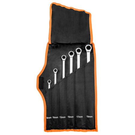 Import - Set de chei inelare cu clichet, lungi, 6 bucati, 8 - 19 mm, husa