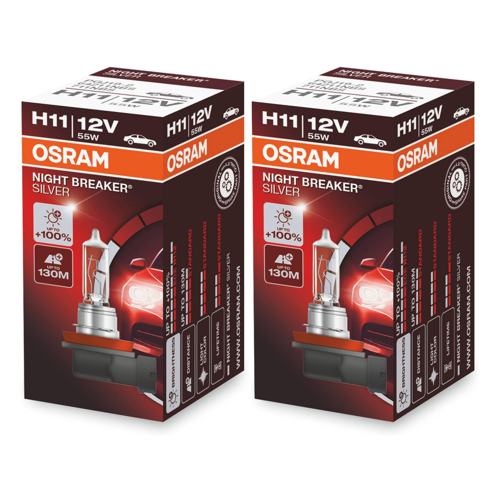 Pachet 2 becuri halogen H11 12V Osram Night Breaker Silver +100%