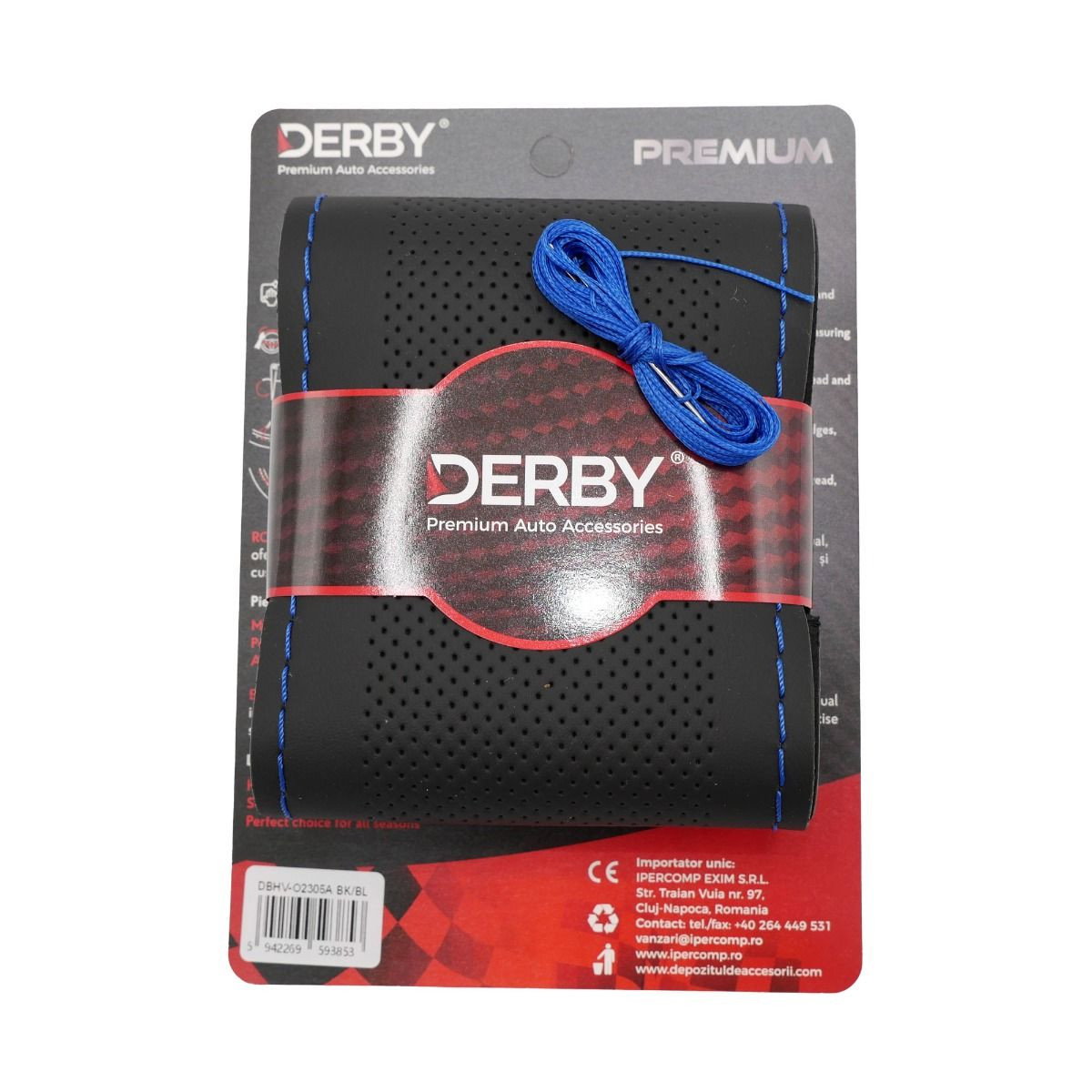 Husa volan neagra cu ac si ata 160 gr, cusatura albastra DERBY