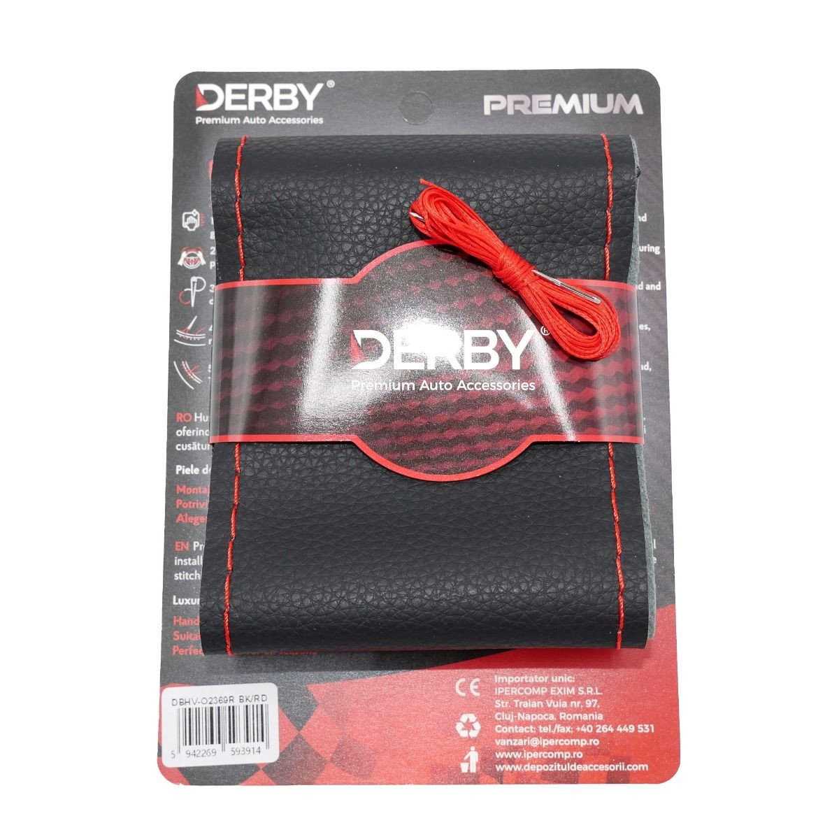 Husa volan neagra cu ac si ata 80 g, cusatura rosie DERBY