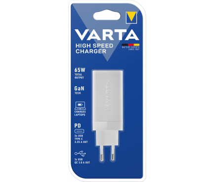 Incarcator Retea Varta GaN, 65W, 3.25A, 1 x USB-A - 2 x USB-C, Alb