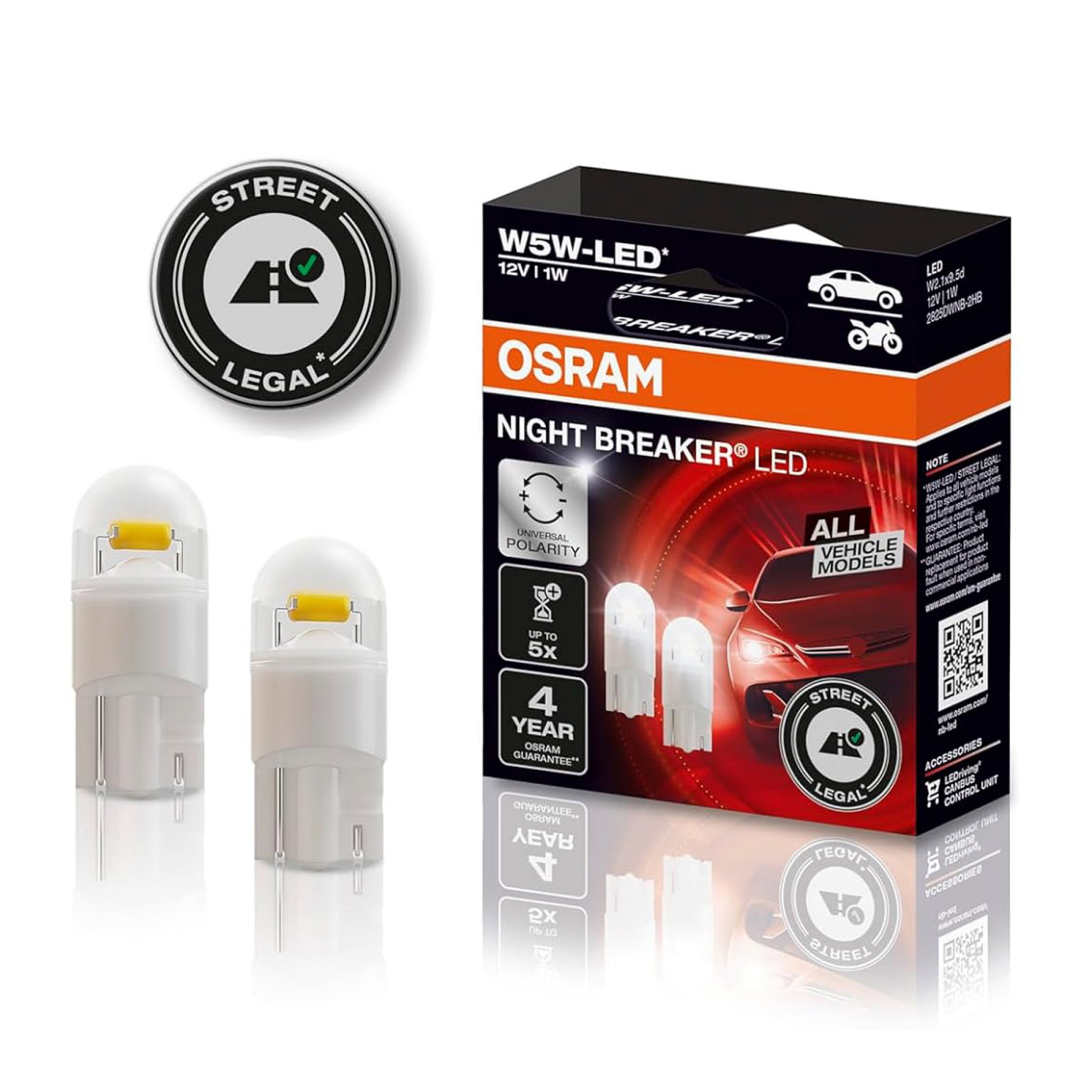 Set 2 W5W Osram Cutie Night Breaker LED omologare RAR Street Legal 6000K