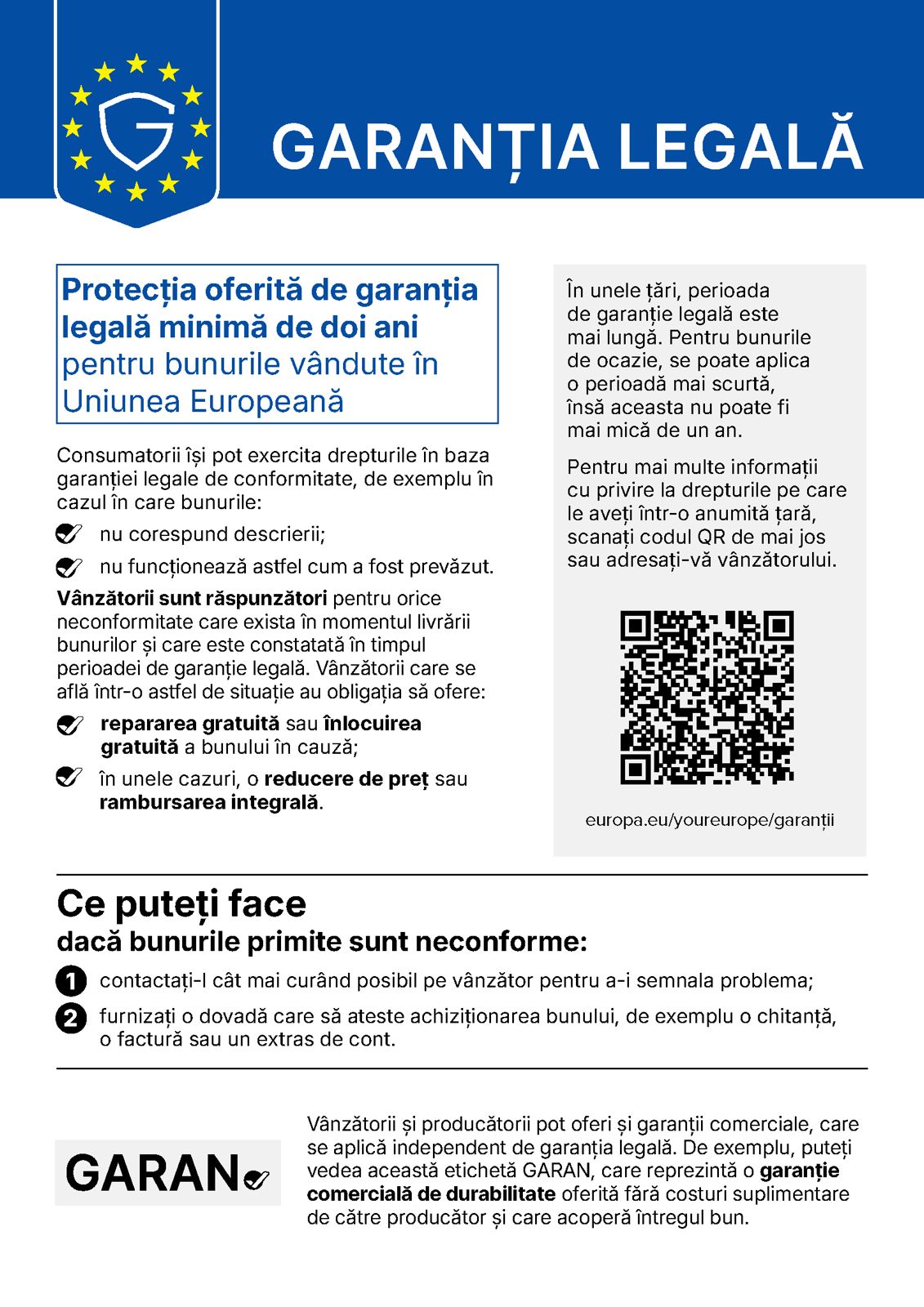Notificare standard UE privind garantia legala minima de doi ani pentru produsele vandute in Uniunea Europeana