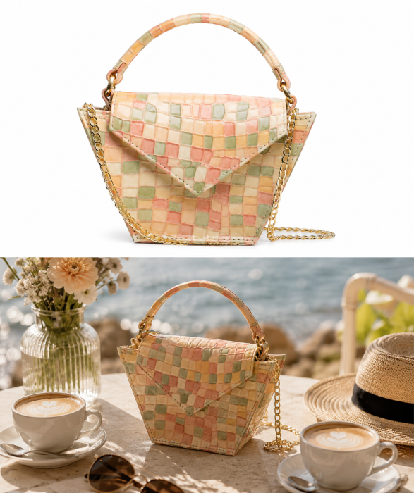 Mozaic Trapeze — Geantă Handmade Piele Naturală Mozaic Pastel cu Mâner | Colecția Boheme Iconic Titi Valenti [6]