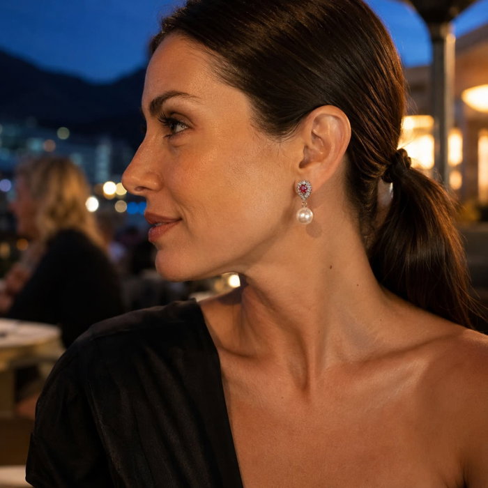 Cercei cu imitatie perla si piatra rosie [3]