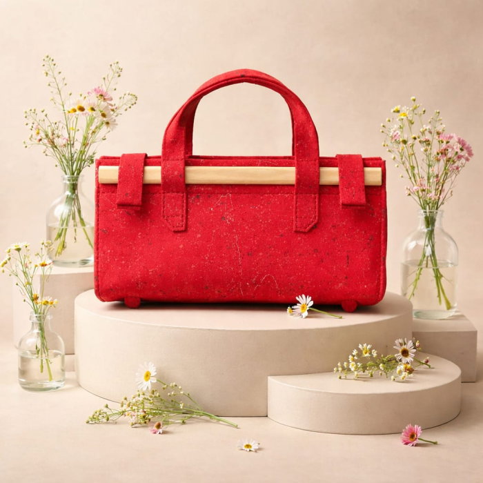 Geantă Unicat Handmade Scarlet Wood Piele Naturală Roșie cu Lemn [4]
