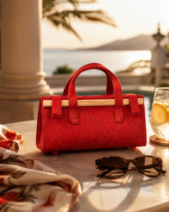 Geantă Unicat Handmade Scarlet Wood Piele Naturală Roșie cu Lemn [3]