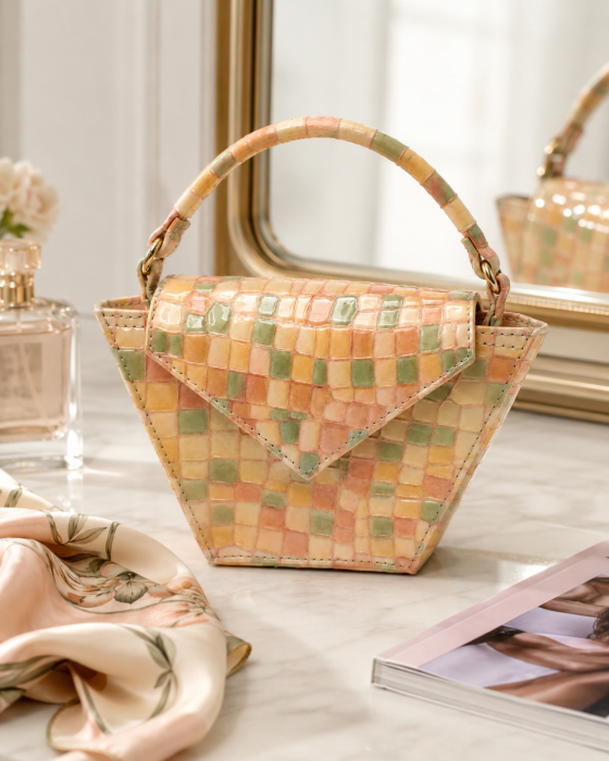 Mozaic Trapeze — Geantă Handmade Piele Naturală Mozaic Pastel cu Mâner | Colecția Boheme Iconic Titi Valenti [5]