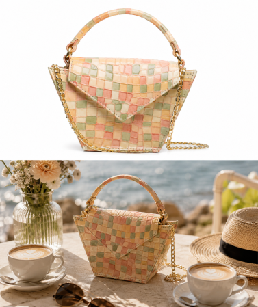 Mozaic Trapeze — Geantă Handmade Piele Naturală Mozaic Pastel cu Mâner | Colecția Boheme Iconic Titi Valenti [5]