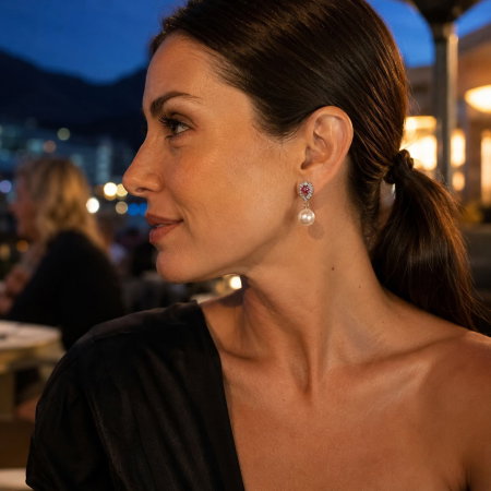 Cercei cu imitatie perla si piatra rosie [2]