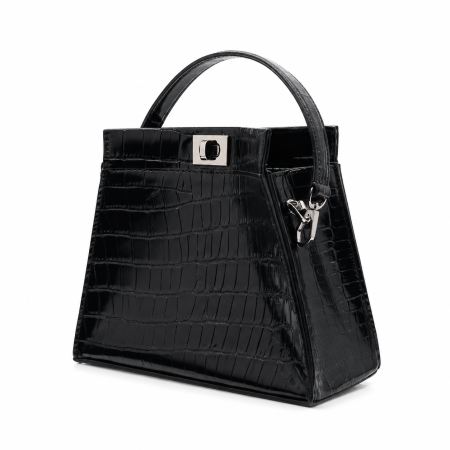 Geanta de Piele Trapez Noir Croco, negru,eleganta