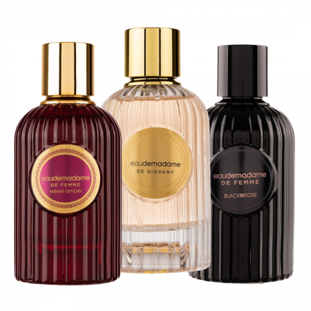 Oferta Saptamanii - Pachet 3 parfumuri dama EauDeMadame: Velvet Amber 90ml + De Giovany 90ml + Blacknrose 90ml