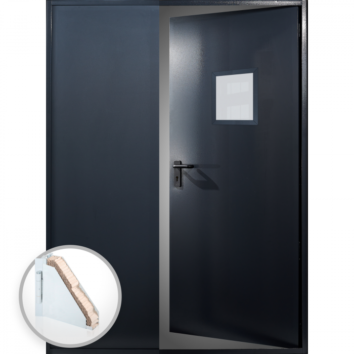 Usa metalica dubla blat 60 mm intrare secundara cu geam - RAL 7016 - Gri Antracit - Usa dubla multifunctionala otel [1]