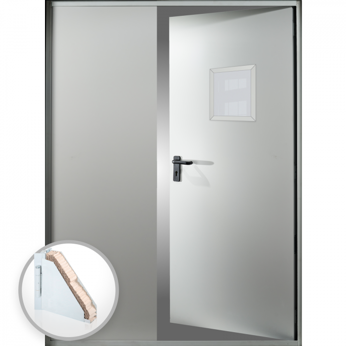 Usa metalica dubla blat 60 mm intrare secundara cu geam - RAL 7035 - Gri Deschis - Usa dubla multifunctionala otel [1]