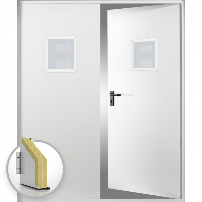 Usa metalica dubla blat 60 mm intrare secundara cu geam - RAL 9003 - Alb - Usa dubla multifunctionala otel [1]