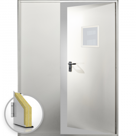 Usi Metalice Tehnice - Usa metalica dubla blat 60 mm intrare secundara cu geam - RAL 9010 - Alb / Crem - Usa dubla multifunctionala otel