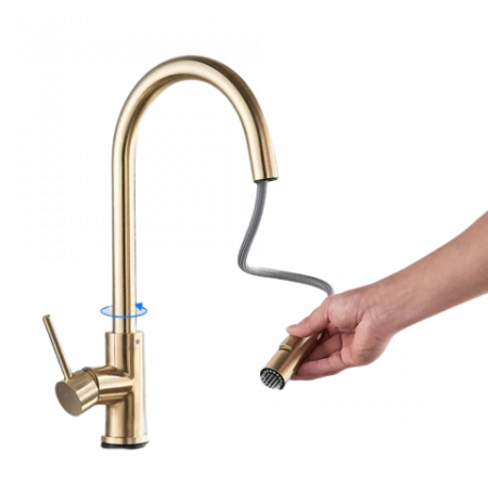 Baterii Bucatarie - Baterie aurie profesionala cu dus extractibil