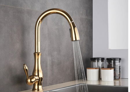 Baterii Bucatarie - Baterie de bucatarie, aurie, cu dus extractibil si 2 functii de curgere a apei