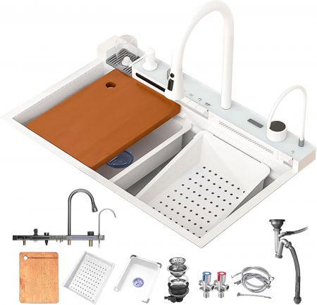 Chiuvete bucatarie - Chiuveta Multifuncționala Premium, din Otel Inoxidabil cu 2 cascade, jet spalare pahare, tocator din lemn natural si 2 cuve pentru spalat, Alb Mat